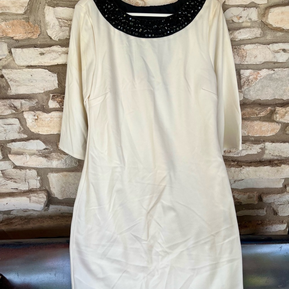 Bisou Bisou Cream Dress with Black Beaded Collar